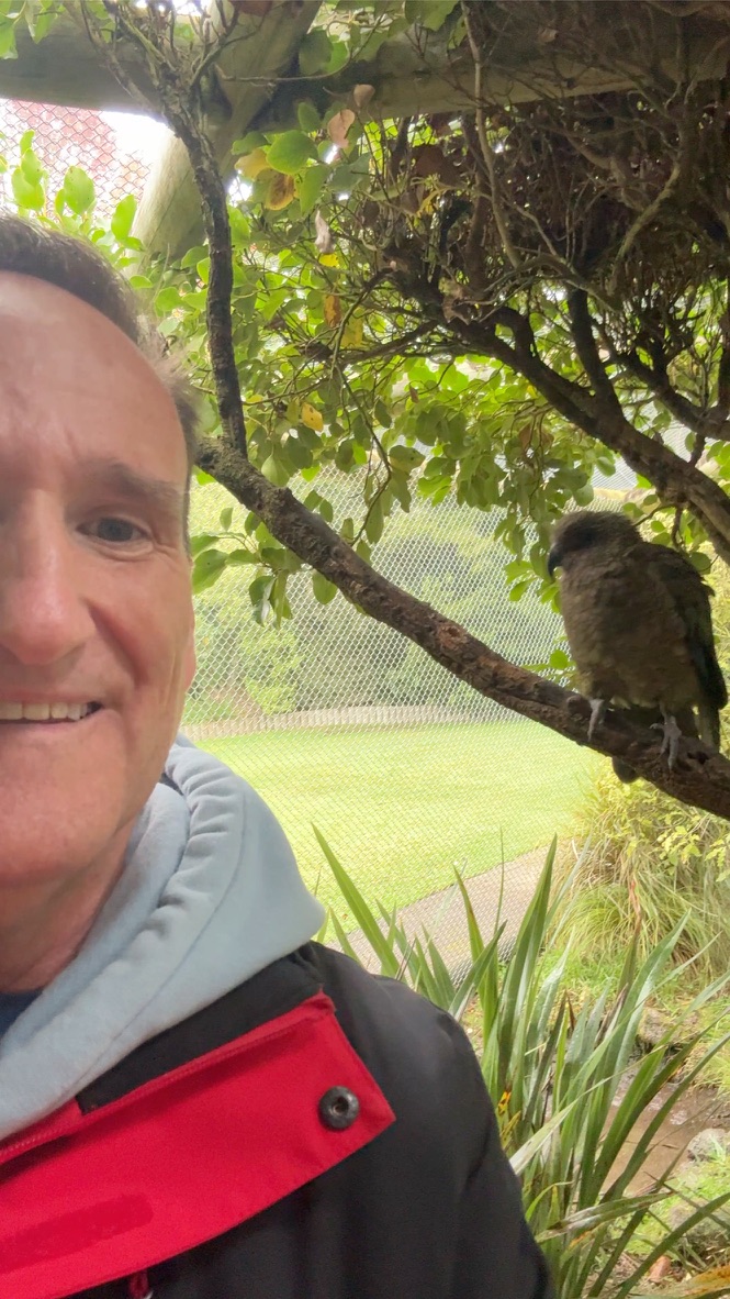 Steve Mullan smiling alongside a kaka - a native NZ parrot - perched in a garden tree